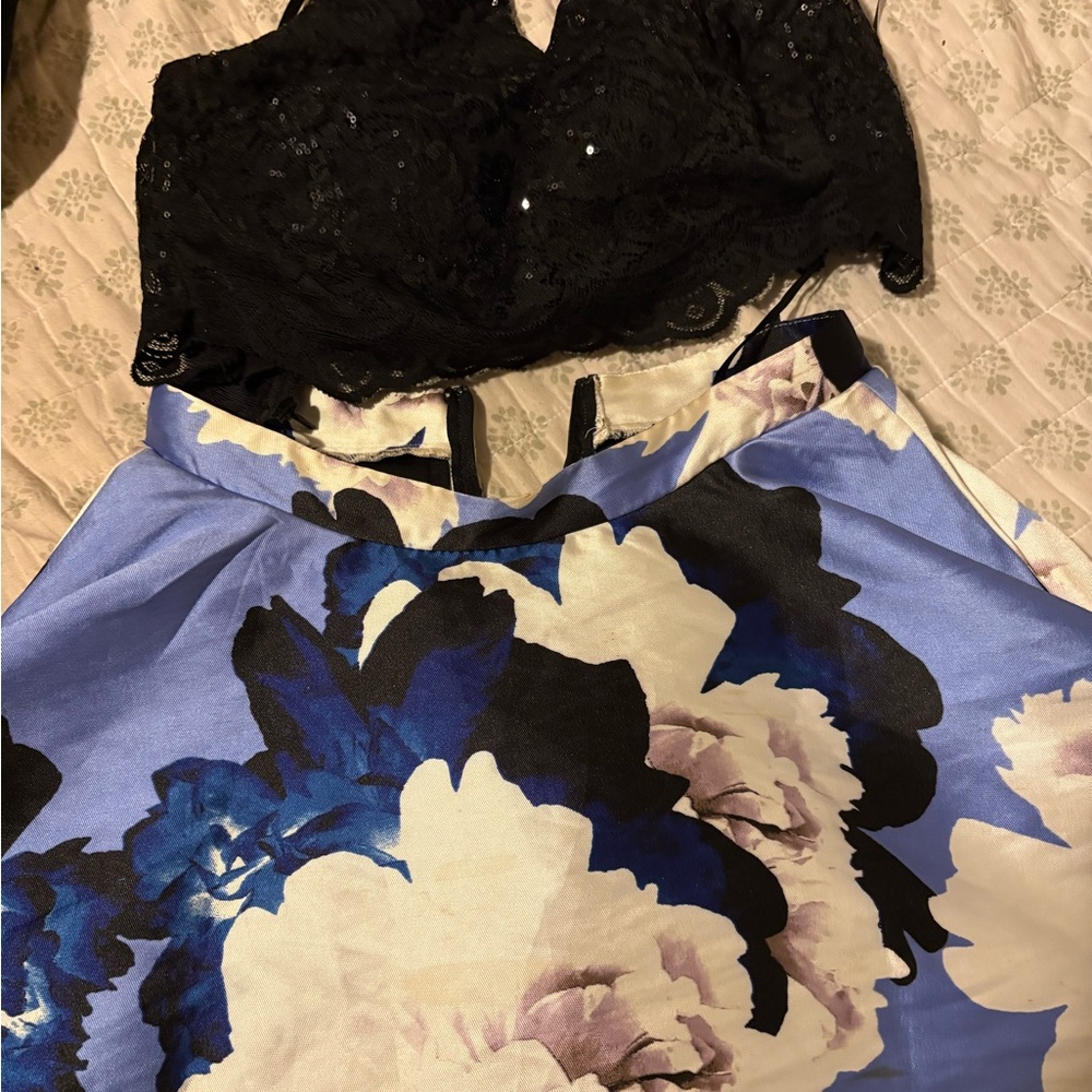 Jodi Kristopher Black Lace Top with Blue and White Floral Skirt